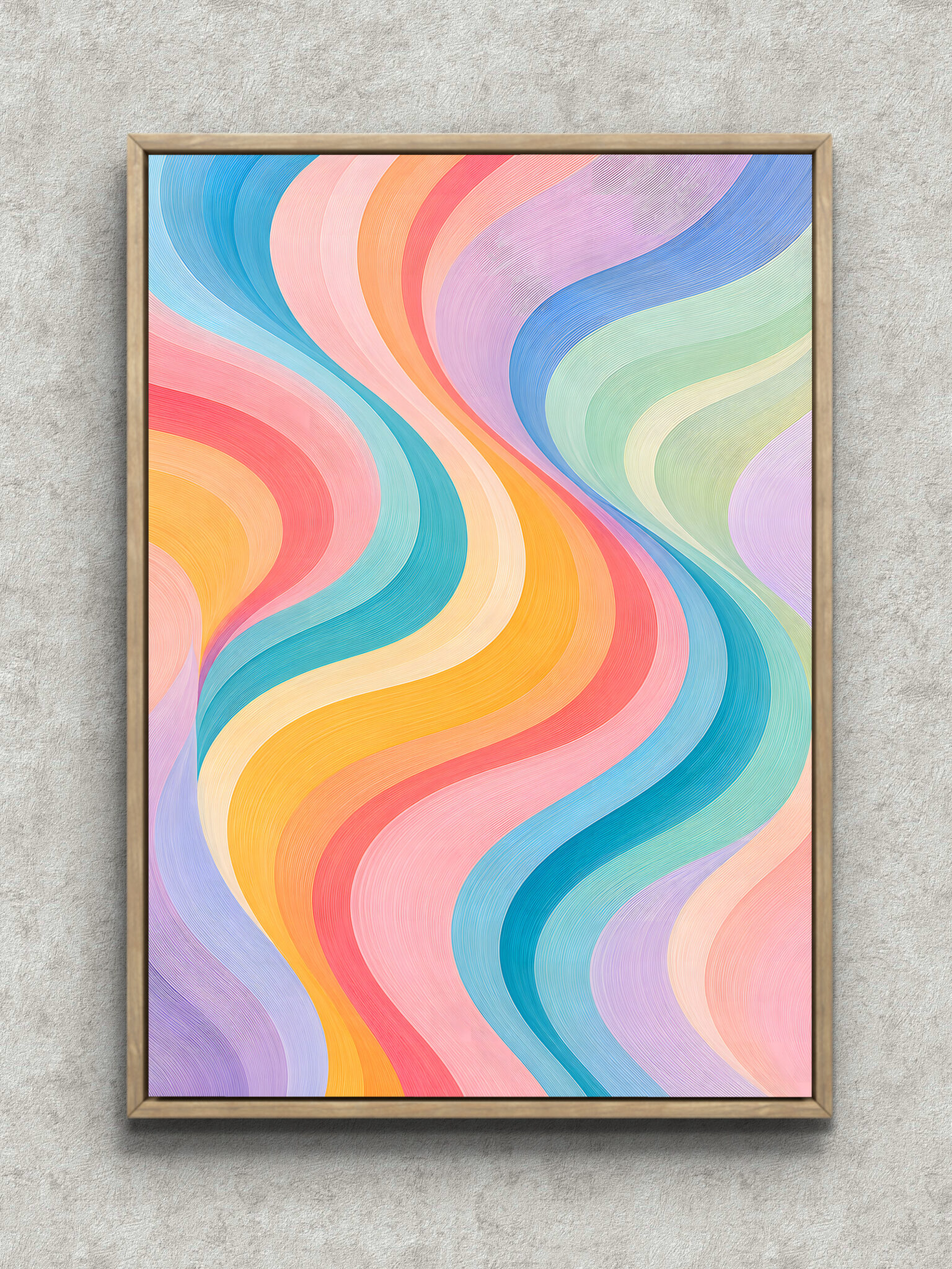 pastel-s-curve-abstract-interior-art-main-1-ma-10653.jpg 水色を中心にパステルの帯がS字に流れる縦長の抽象 インテリアアート フレーム設置イメージ