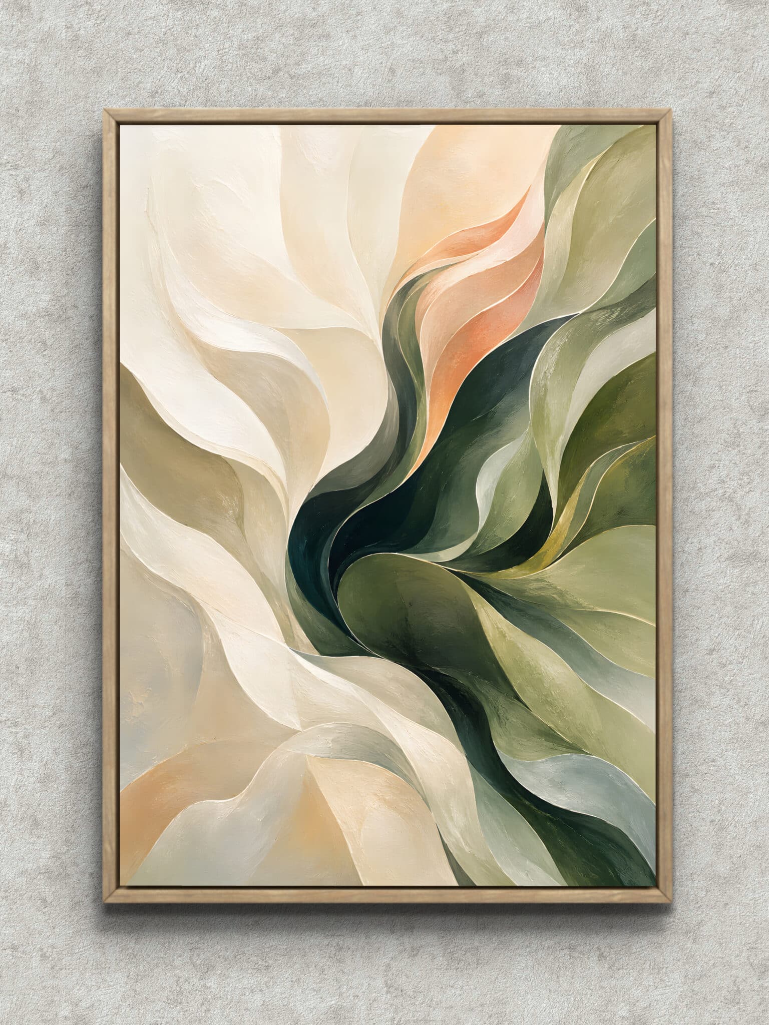 petal-swirl-botanical-interior-art-main-1-ma-10772.jpg 花びら状の層と深緑の曲線が渦を描く植物 インテリアアート フレーム設置イメージ