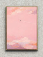 淡いピンクの空を小さな飛行機が横切る桃空の旅のピンク 絵画のアートパネル フレーム設置イメージ