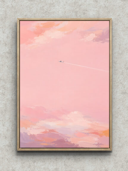 淡いピンクの空を小さな飛行機が横切る桃空の旅のピンク 絵画のアートパネル フレーム設置イメージ