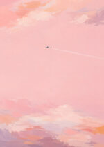 淡いピンクの空を小さな飛行機が横切る桃空の旅のピンク 絵画のアートパネル