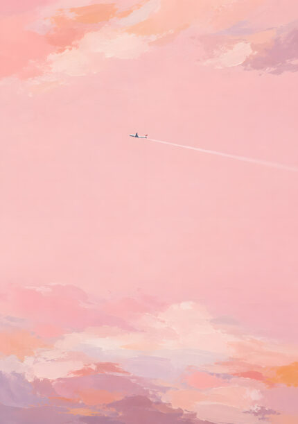 淡いピンクの空を小さな飛行機が横切る桃空の旅のピンク 絵画のアートパネル