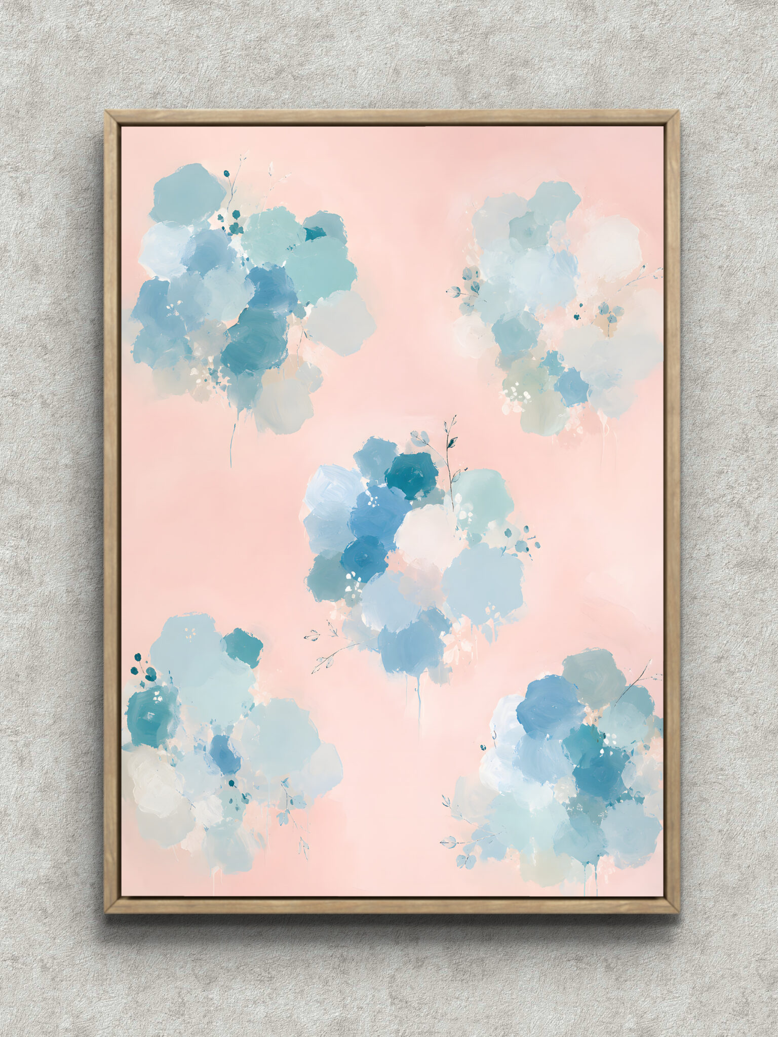 pale-pink-blue-flower-art-main-1-ma-10638 淡いピンク地に水色の花房が点在するフラワーアートパネル フレーム設置イメージ
