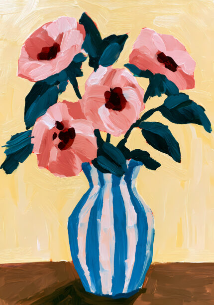 淡いピンクの花束と青い花瓶を描いたフラワーアートパネル