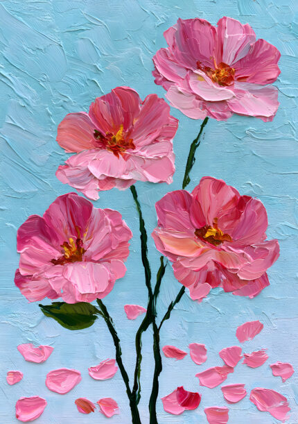 淡い水色の背景にピンクの花が4輪咲く縦構図のフラワーアートパネル