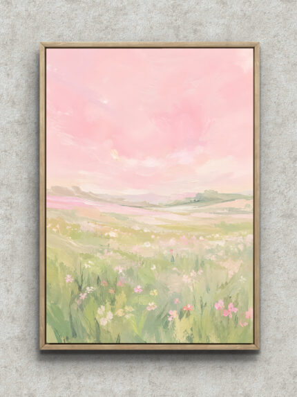 淡いピンクの空と花畑が広がる草原風景の抽象 インテリアアート フレーム設置イメージ