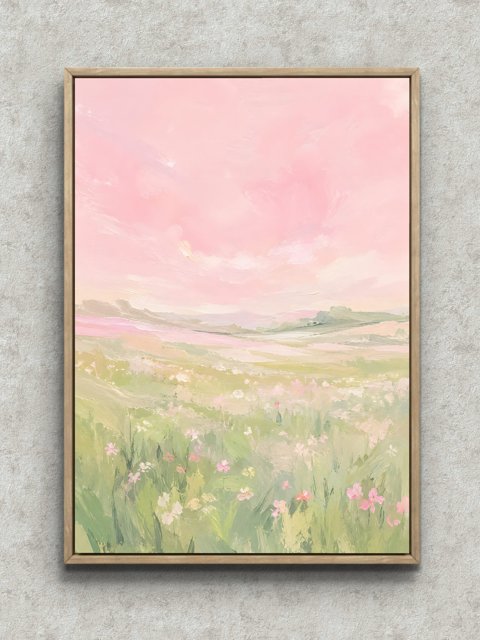pink-meadow-sky-abstract-interior-art-main-1-ma-10676.jpg 淡いピンクの空と花畑が広がる草原風景の抽象 インテリアアート フレーム設置イメージ