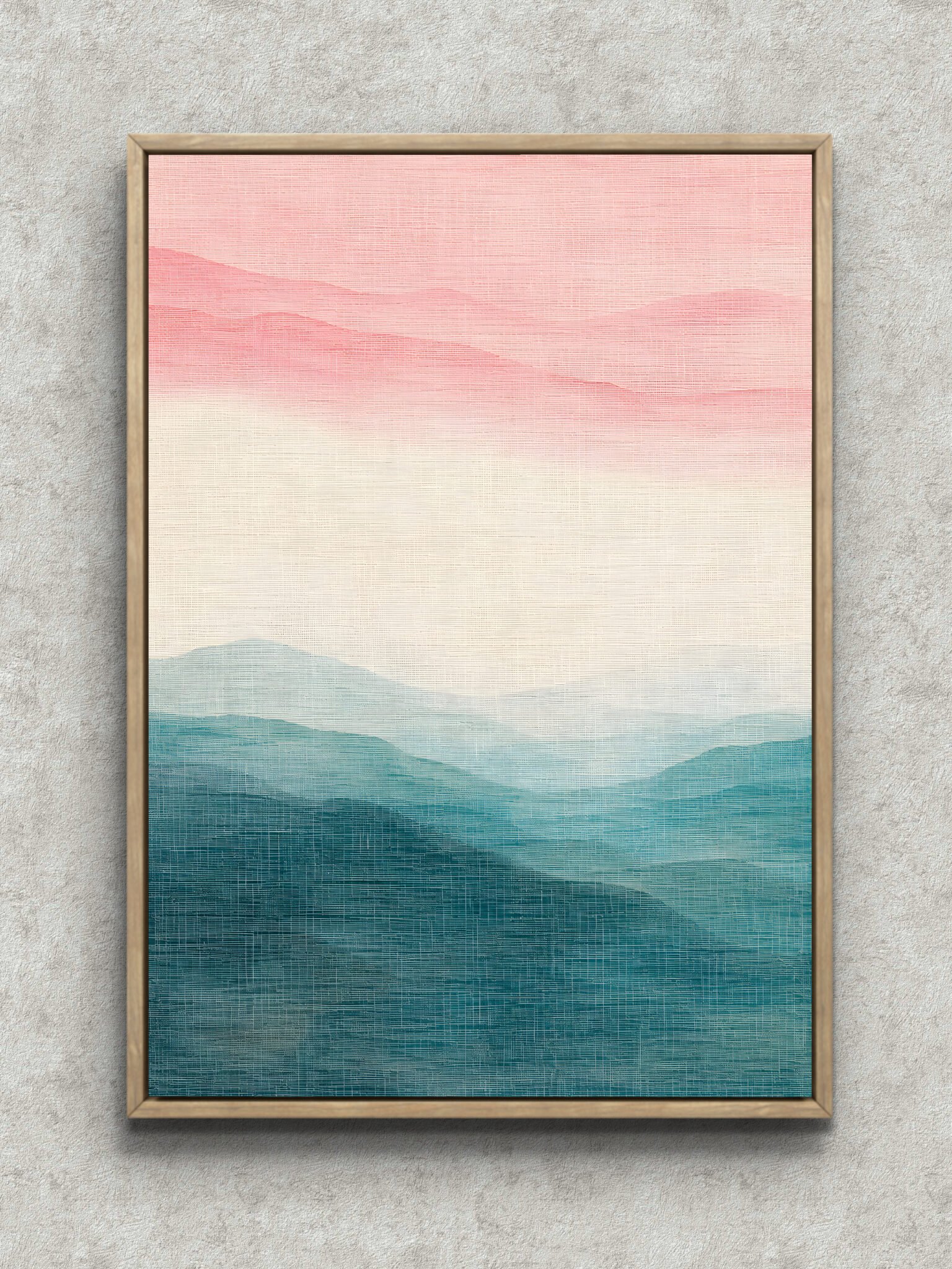 pink-misty-mountain-abstract-interior-art-main-1-ma-10790.jpg 淡い桃色の空と青緑の山並みが重なる抽象 インテリアアート フレーム設置イメージ
