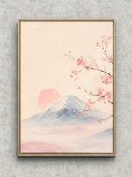 桜の枝越しに富士山と淡い太陽を描いたピンクの風景 アートパネル フレーム設置イメージ