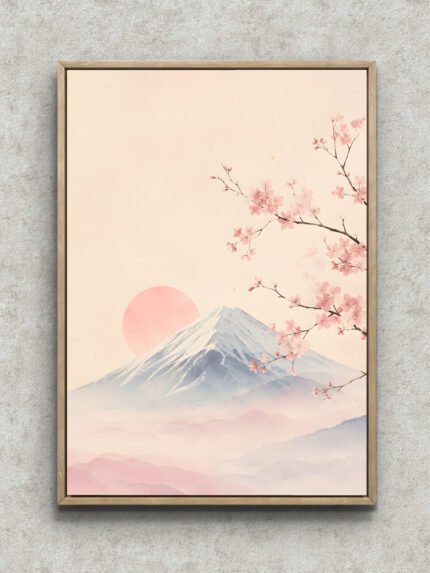 桜の枝越しに富士山と淡い太陽を描いたピンクの風景 アートパネル フレーム設置イメージ