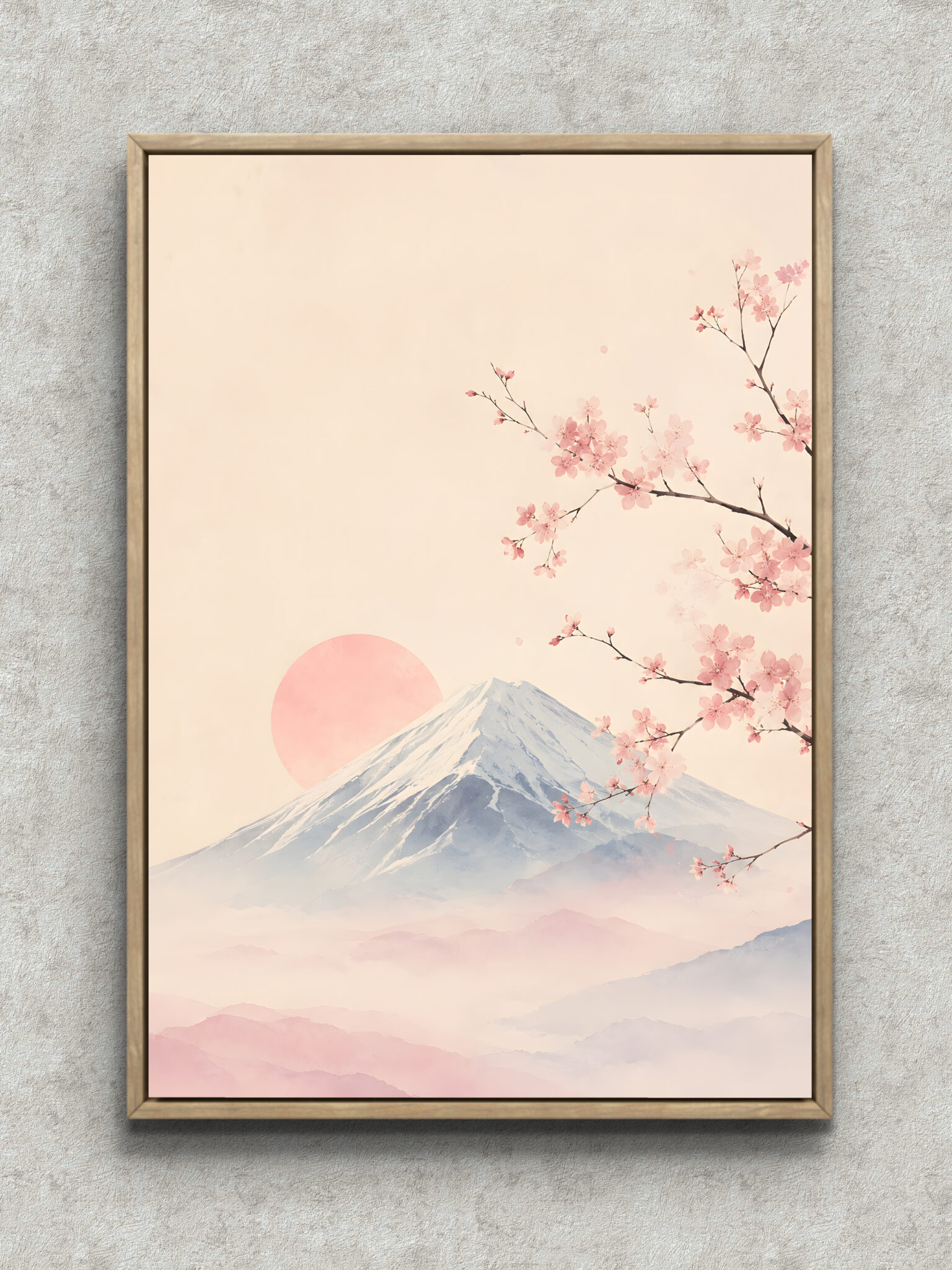 pink-sakura-fuji-landscape-art-panel-main-1-ma-10851.jpg 桜の枝越しに富士山と淡い太陽を描いたピンクの風景 アートパネル フレーム設置イメージ