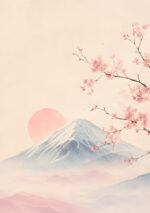 桜の枝越しに富士山と淡い太陽を描いたピンクの風景 アートパネル