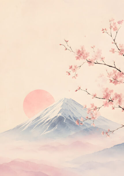 桜の枝越しに富士山と淡い太陽を描いたピンクの風景 アートパネル