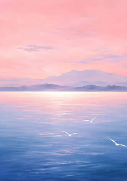 淡いピンクの空と静かな海に白い鳥が舞う風景アートパネル
