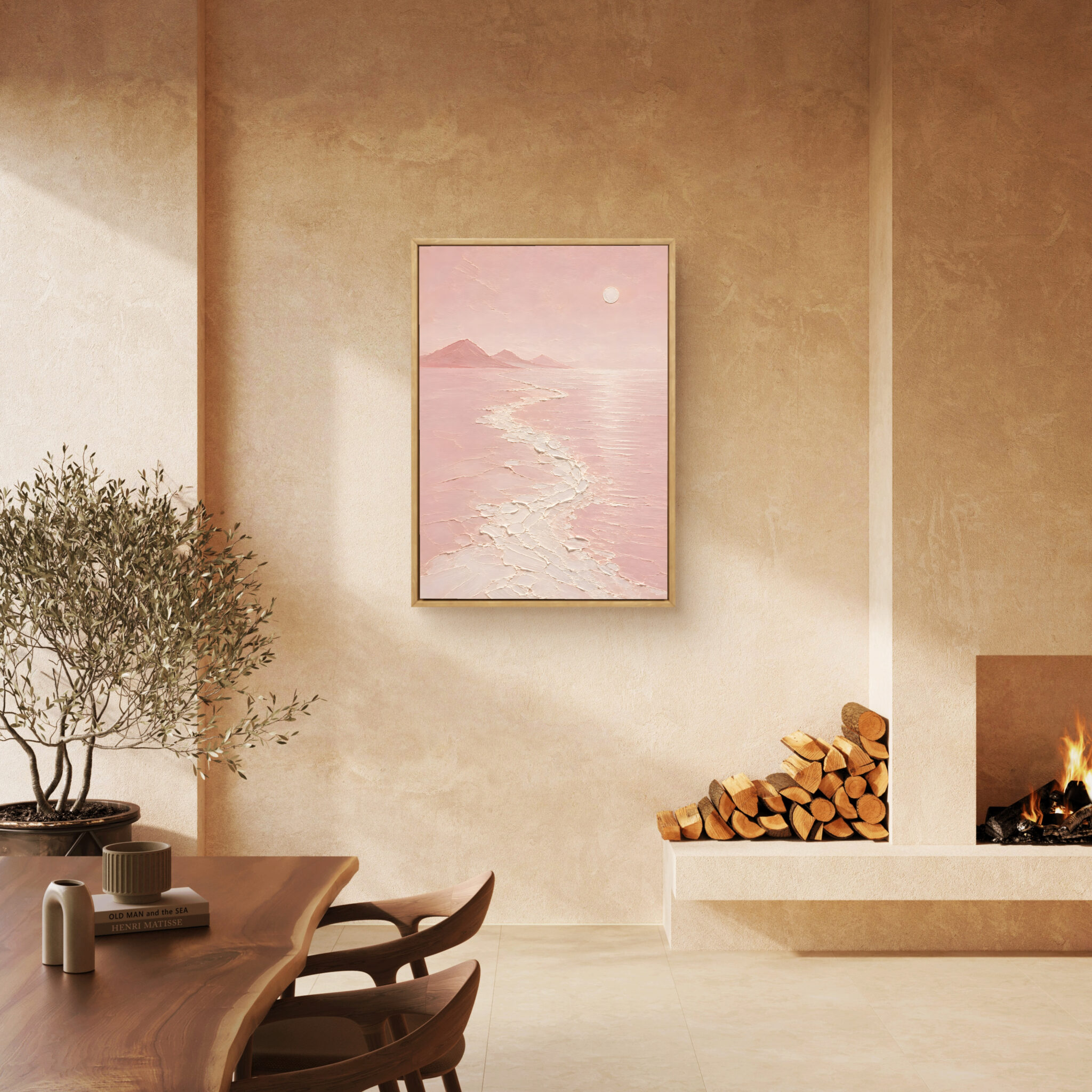抽象 インテリアアート｜桃色の海と月が映る静かな風景