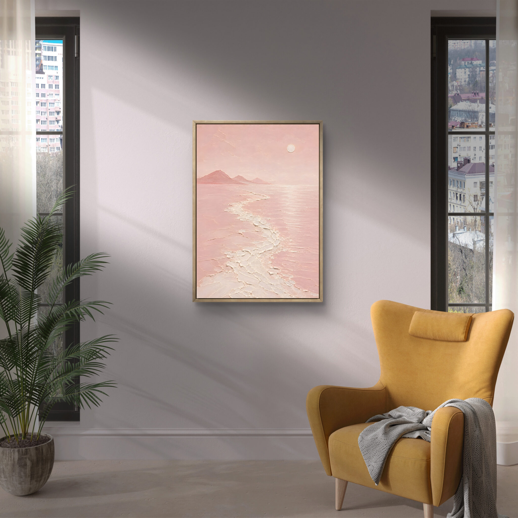 抽象 インテリアアート｜桃色の海と月が映る静かな風景