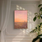 リビングの壁に飾ったピンクの夕空モチーフの空 絵画のアートパネル 設置イメージ 6