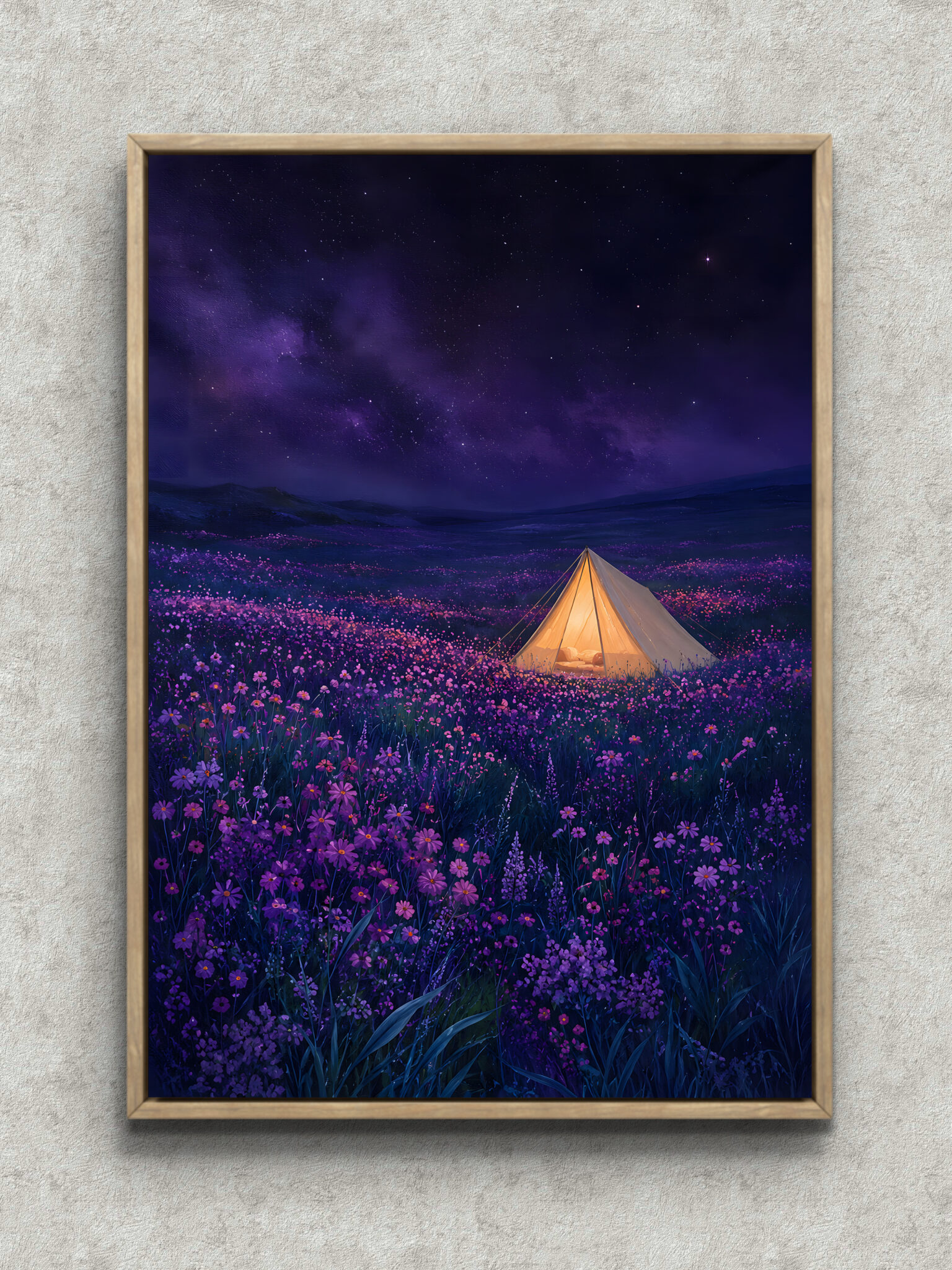 pink-starry-flowerfield-art-panel-main-1-ma-10837.jpg 星空と花畑の奥にテントの灯りが見えるピンクの空 アートパネル フレーム設置イメージ