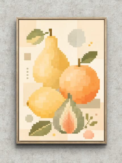 ピクセル調の洋なしとりんごを描いた植物 インテリアアート フレーム設置イメージ
