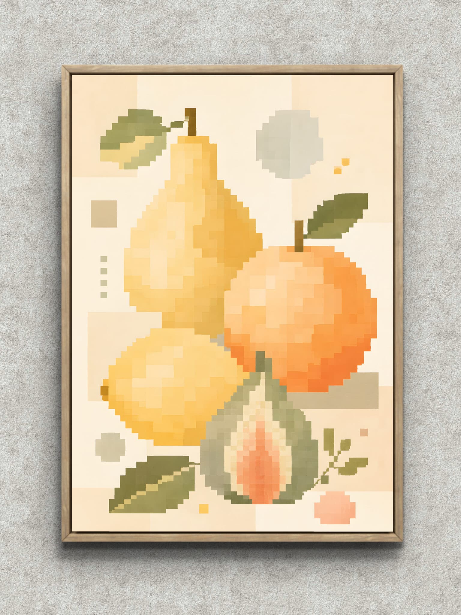 pixel-fruit-botanical-interior-art-main-1-ma-10728.jpg ピクセル調の洋なしとりんごを描いた植物 インテリアアート フレーム設置イメージ