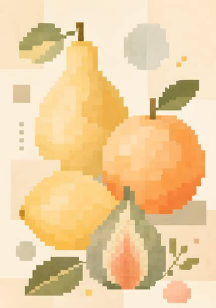 ピクセル調の洋なしとりんごを描いた植物 インテリアアート