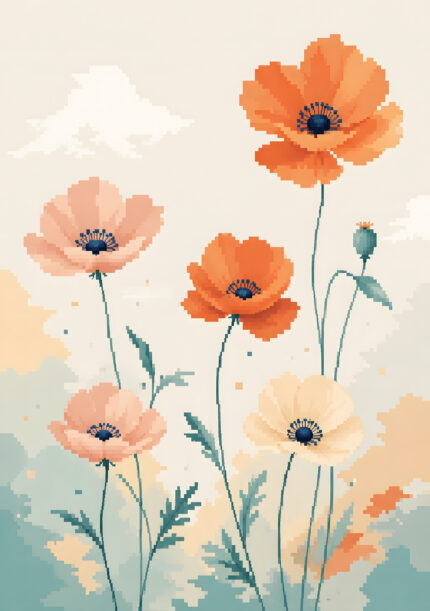 オレンジの花と細い茎を描いた春色の植物 インテリアアート