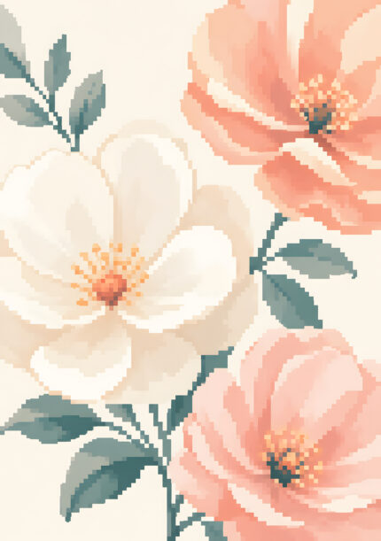淡いピンクと生成りの花をピクセル調で描いた縦構図のフラワーアートパネル