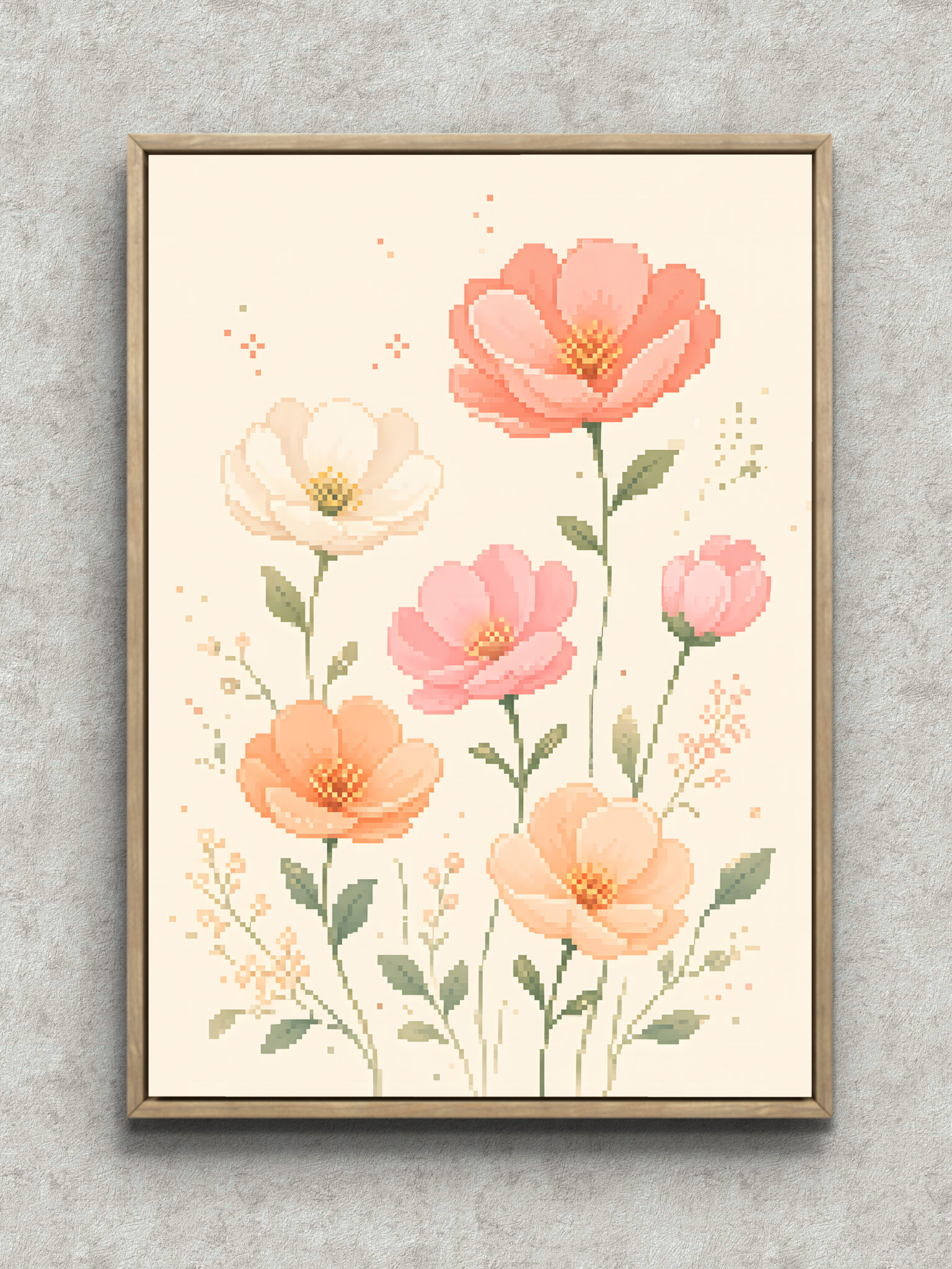 pixel-spring-floral-interior-art-main-1-ma-10715.jpg クリームの背景にピクセル調の小花と細い茎を描いた縦長のフラワーアートパネル フレーム設置イメージ