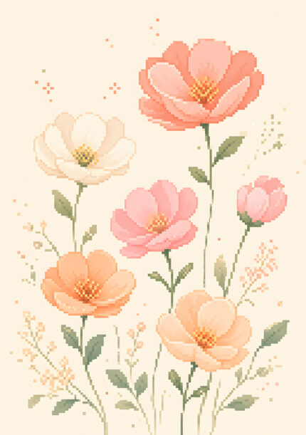 クリームの背景にピクセル調の小花と細い茎を描いた縦長のフラワーアートパネル