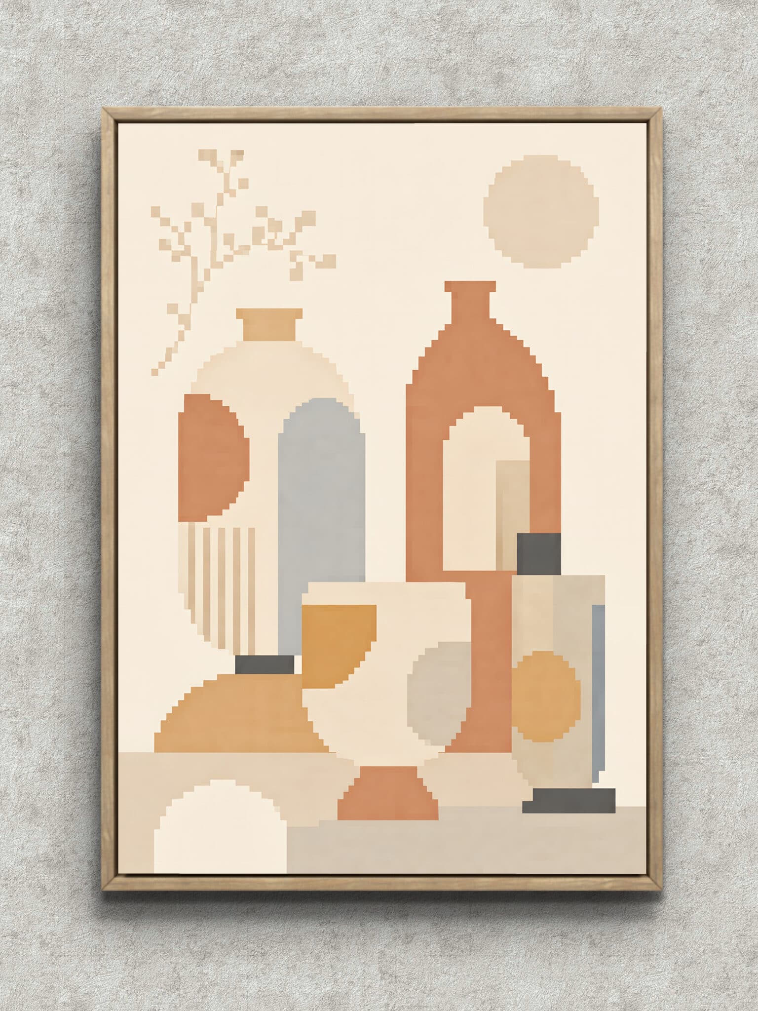pixel-vessel-geometric-art-panel-main-1-ma-10725.jpg 壺のような形と円を砂色で描いた幾何学アートパネル フレーム設置イメージ