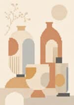 壺のような形と円を砂色で描いた幾何学アートパネル