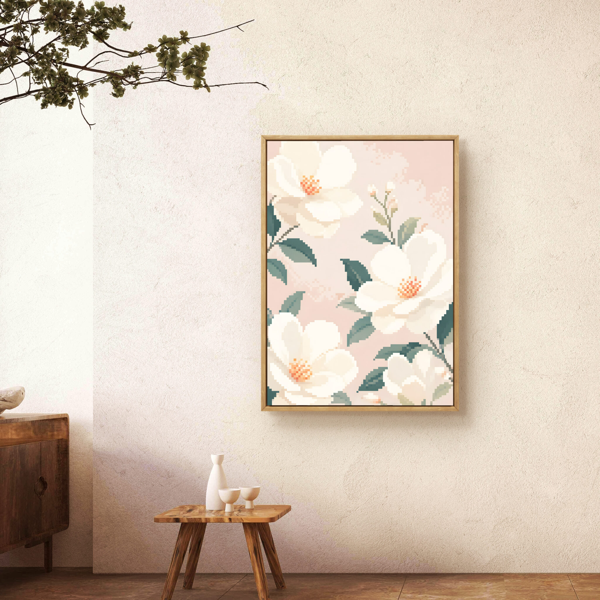 植物 インテリアアート｜ピクセル白花のやさしい花柄