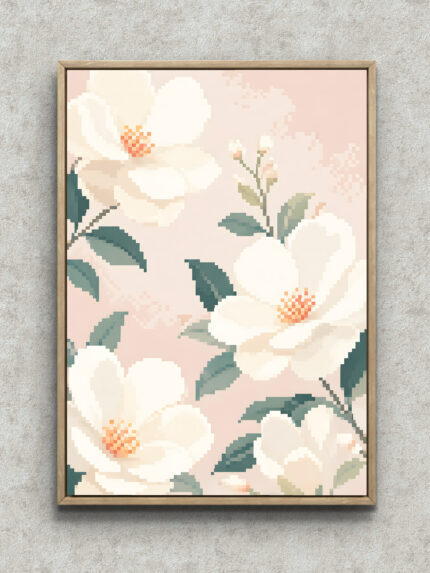 植物 インテリアアート｜ピクセル白花のやさしい花柄