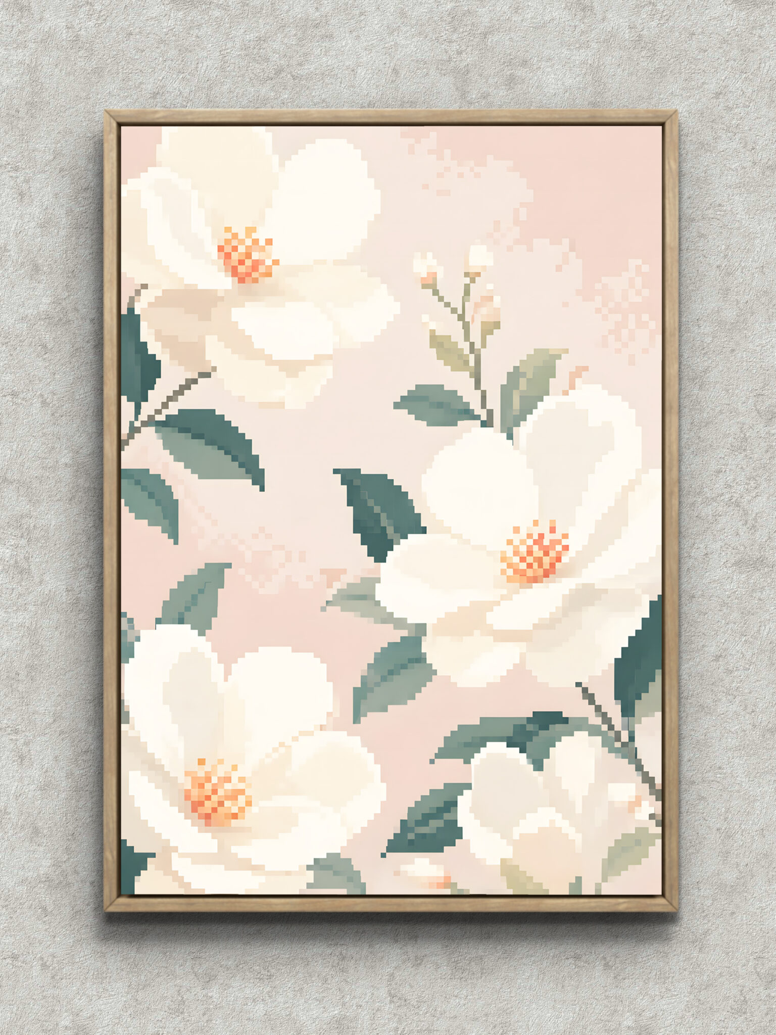 植物 インテリアアート｜ピクセル白花のやさしい花柄