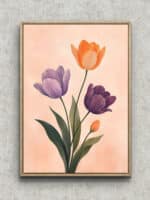 淡い背景に紫とオレンジのチューリップを描いたフラワーアートパネル フレーム設置イメージ