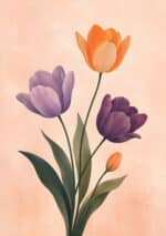 淡い背景に紫とオレンジのチューリップを描いたフラワーアートパネル