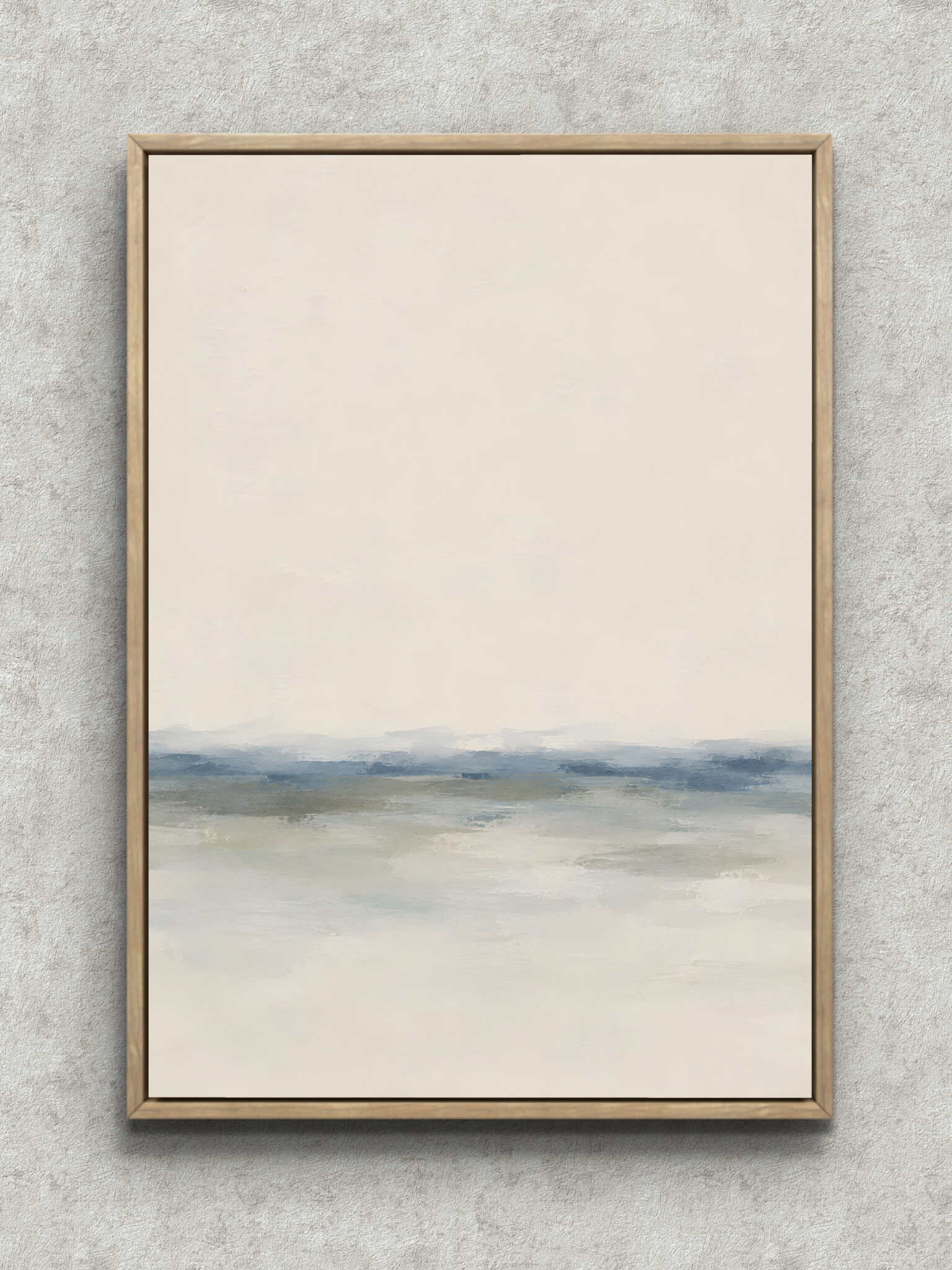 quiet-blue-horizon-abstract-interior-art-main-1-ma-10789.jpg 生成りの余白に淡い青灰の水平帯が重なる抽象 インテリアアート フレーム設置イメージ