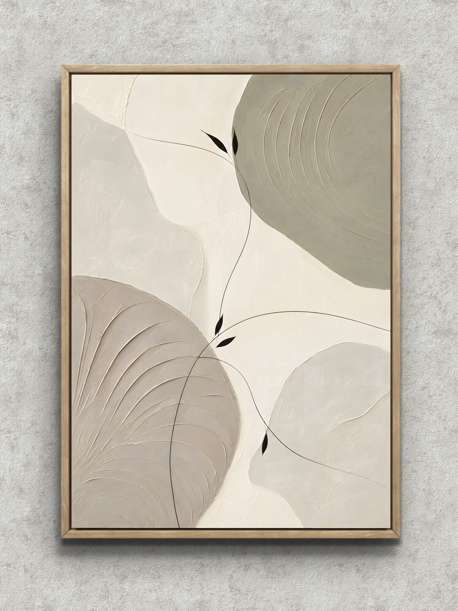 quiet-leaf-curve-plant-interior-art-main-1-ma-10699.jpg 静かな葉と曲線 アイボリーの曲面と黒い葉のような形が重なる植物 インテリアアート フレーム設置イメージ