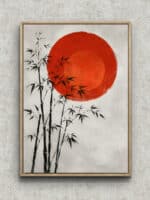 朱赤の大きな円と墨竹を描いた和モダンの幾何学アートパネル フレーム設置イメージ