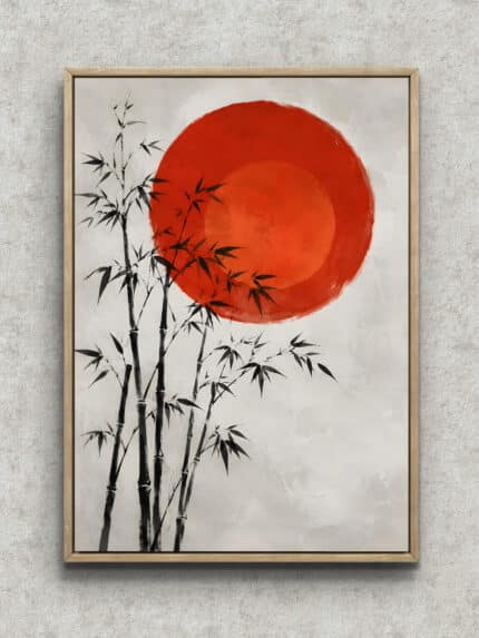 朱赤の大きな円と墨竹を描いた和モダンの幾何学アートパネル フレーム設置イメージ