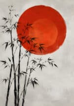 朱赤の大きな円と墨竹を描いた和モダンの幾何学アートパネル