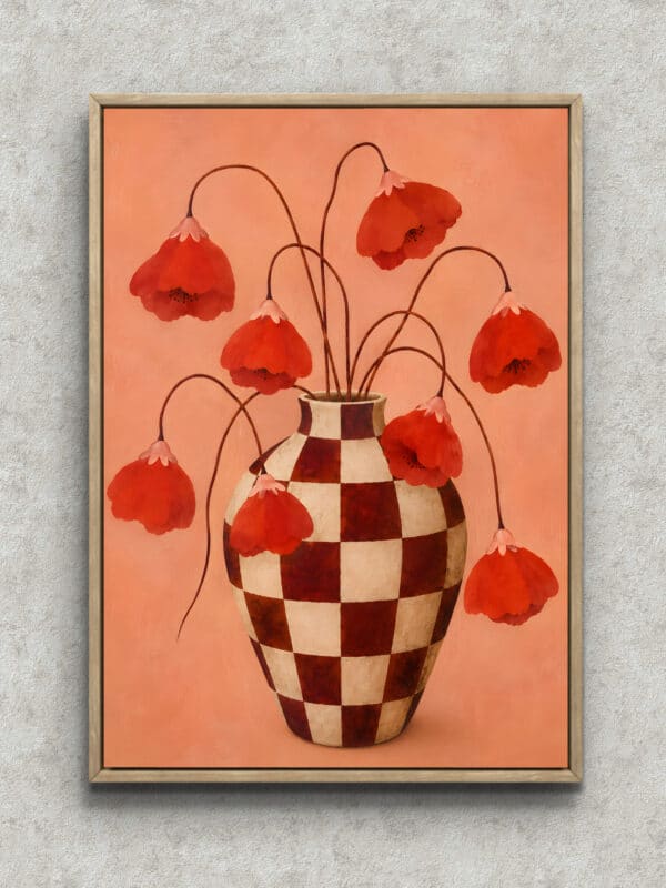 フランス　一点物　クリスタル　フラワーベース　アート　サイン　スパイラル　赤　花 赤い花 アートパネル｜格子の花瓶が映える静物画