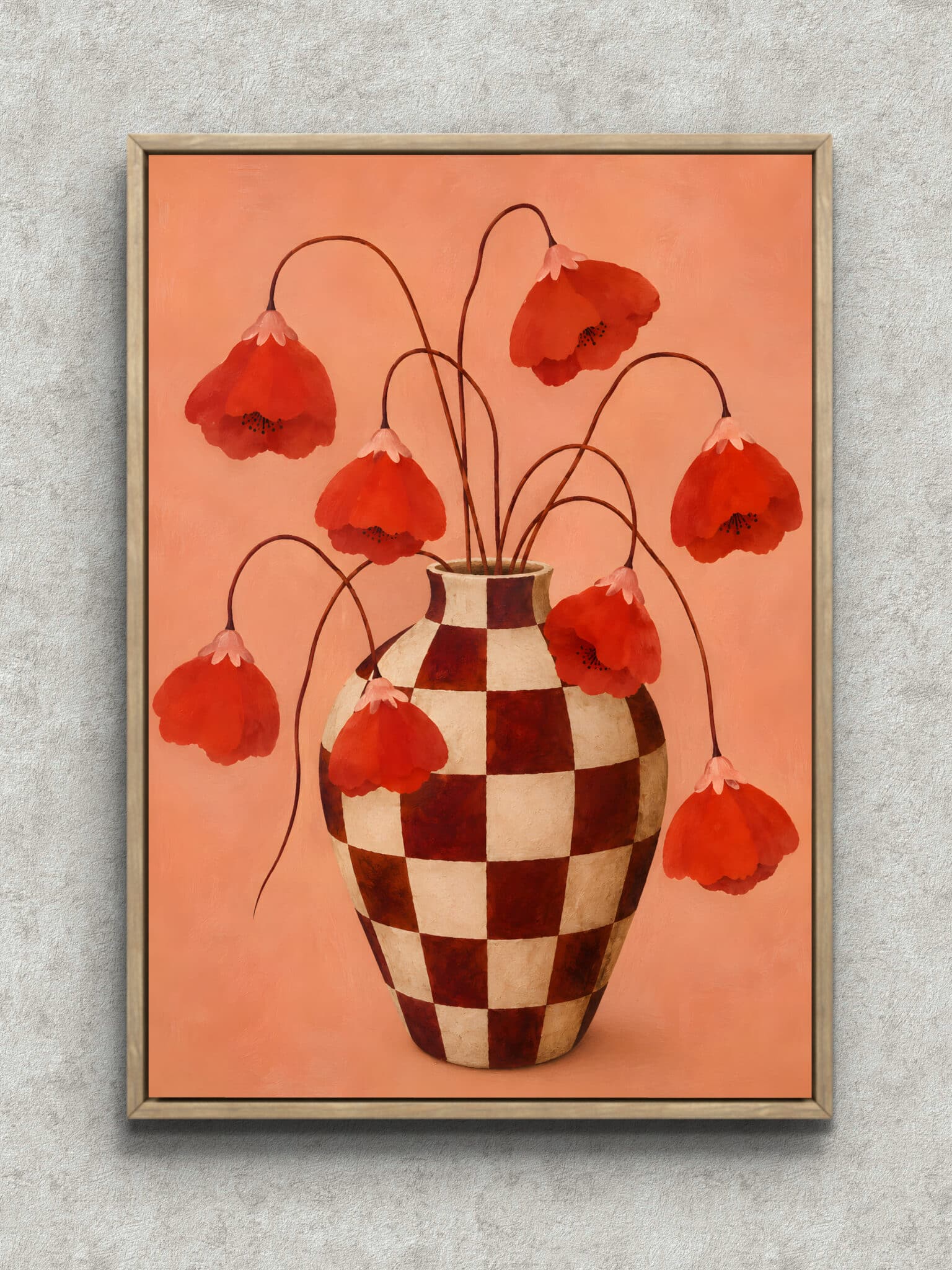 「赤い花」 油彩風 花卉画 額装 絵画 インテリア アート作品 #228-3 赤い花 アートパネル｜格子の花瓶が映える静物画