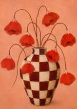 弧を描く赤い花とチェック柄の花瓶を描いた静物フラワーアートパネル