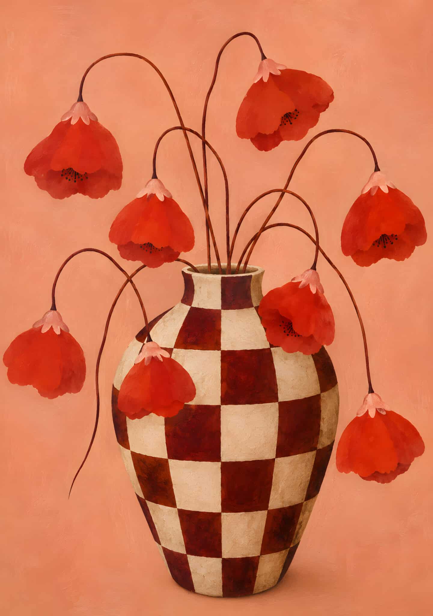 フランス　一点物　クリスタル　フラワーベース　アート　サイン　スパイラル　赤　花 赤い花 アートパネル｜格子の花瓶が映える静物画