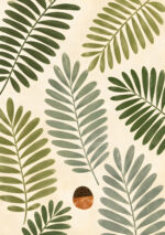 ヤシの葉と小さな実を描いたオリーブグリーンの植物 インテリアアート