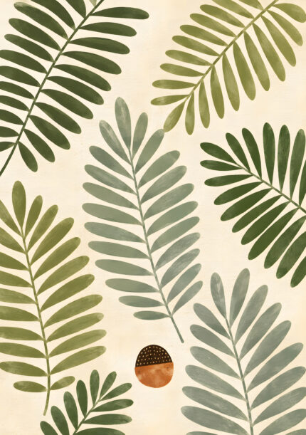 ヤシの葉と小さな実を描いたオリーブグリーンの植物 インテリアアート