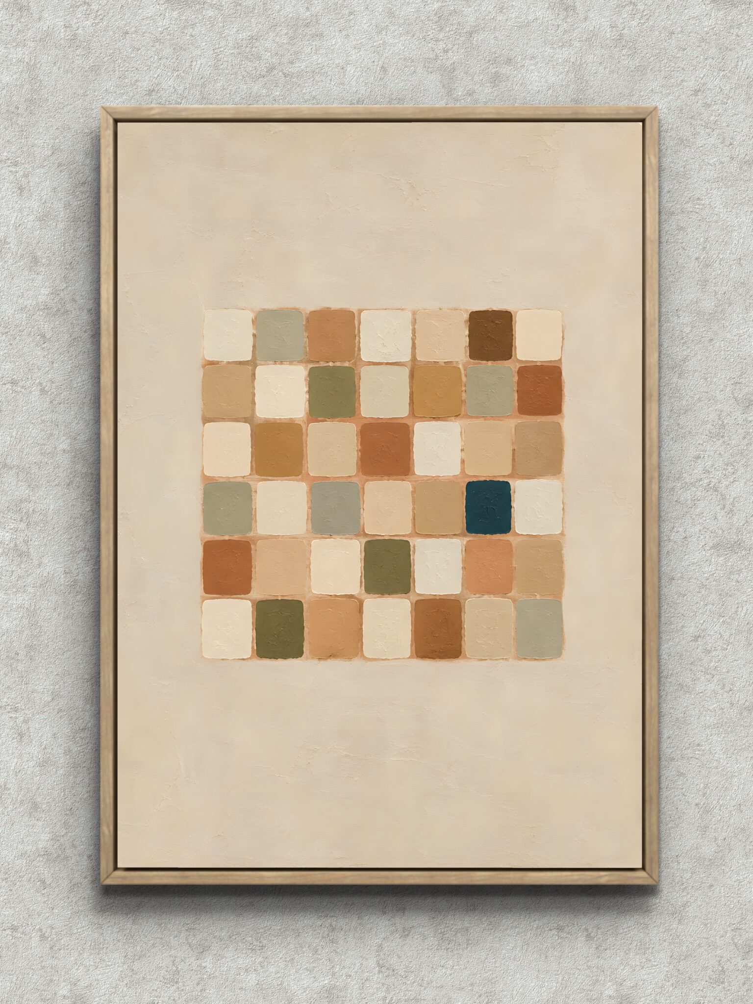 rounded-mosaic-abstract-interior-art-main-1-ma-10689.jpg 角丸の四角形を整えて並べたベージュ基調の抽象 インテリアアート フレーム設置イメージ