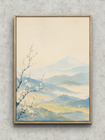 桜の枝越しに霞む富士と山並みを淡彩で描いた春の風景アートパネル フレーム設置イメージ