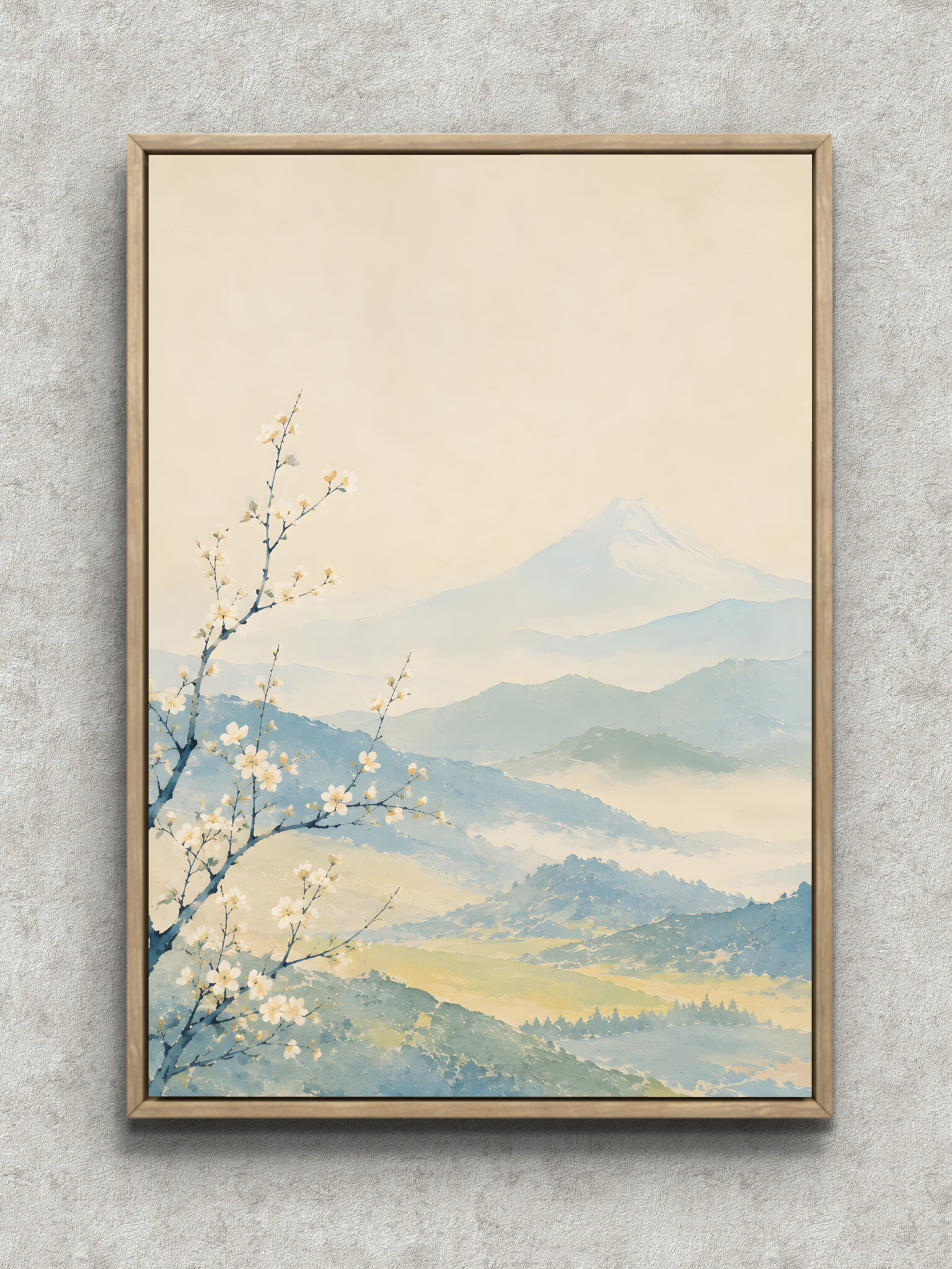 sakura-fuji-misty-mountain-interior-art-main-1-ma-10855.jpg 桜の枝越しに霞む富士と山並みを淡彩で描いた春の風景アートパネル フレーム設置イメージ